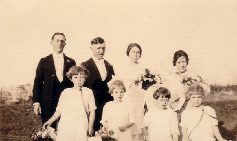 Bride and groom and attendants, March 1925